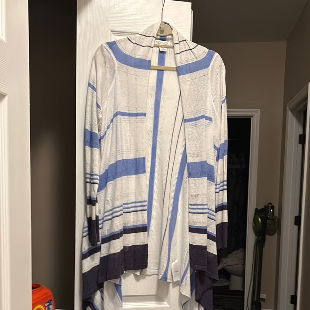 Rachael Zoe light weight Blue and White Geometric Cardigan Sweater